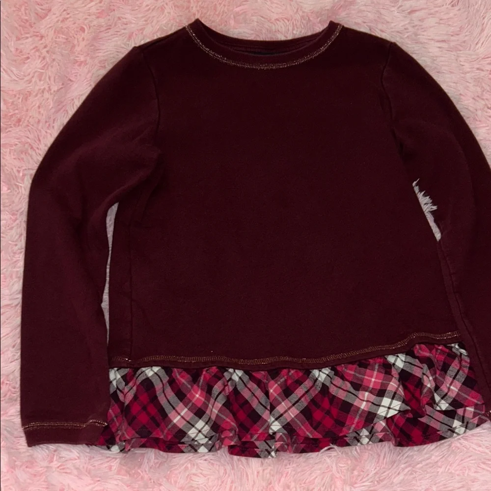 Lands' End Maroon Plaid Ruffle Long Sleeve Tee